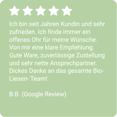 KI generiert: Kundenzufriedenheit mit Bio-Liesen. Text: "Ich bin seit Jahren Kundin und sehr zufrieden. Ich finde immer ein offenes Ohr für meine Wünsche..."