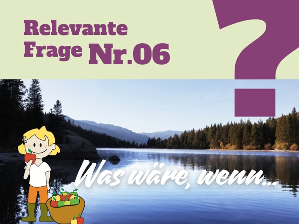 KI generiert: Ein See mit Text: "Relevante Frage Nr. 06" und "Was wäre, wenn...". Ein Kind mit Korb und Apfel.