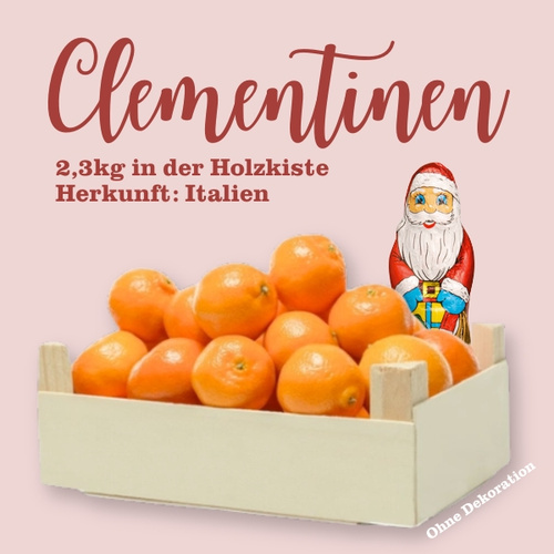KI generiert: Eine Holzkiste voller Clementinen, daneben ein Weihnachtsmann. Text: "Clementinen, 2,3kg, Herkunft: Italien".