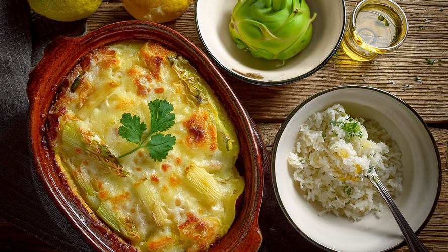 Rezeptbild für Kohlrabigratin mit Zitronenreis