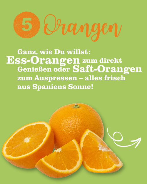 KI generiert: Bild von Orangen mit Text über spanische Ess- und Saftorangen. Text: „Ganz, wie Du willst... aus Spaniens Sonne!“