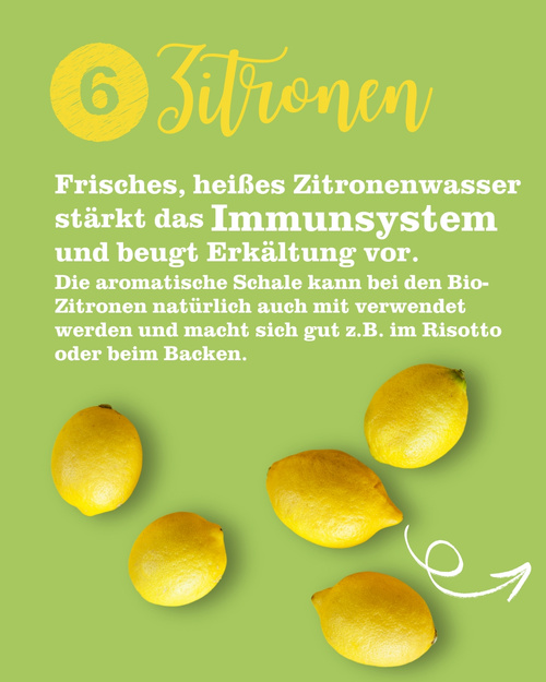 KI generiert: Sechs Zitronen vor grünem Hintergrund mit Text über die gesundheitlichen Vorteile von Zitronenwasser.