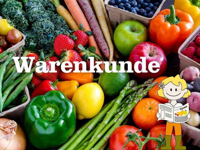 KI generiert: Frisches Obst und Gemüse mit dem Text "Warenkunde".