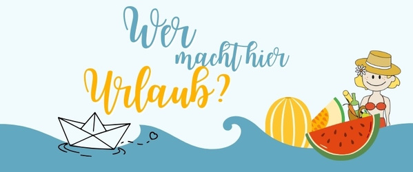 KI generiert: Ein Papierschiff, eine Frau mit Sommerhut, Obst und Wellen mit dem Text: "Wer macht hier Urlaub?"