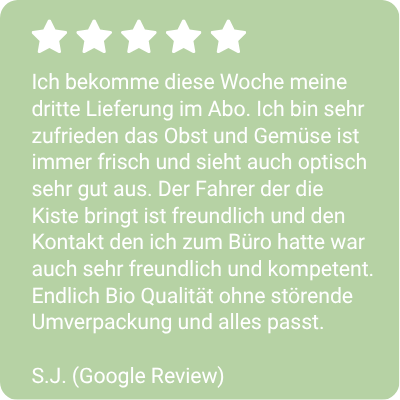 KI generiert: Ein 5-Sterne-Bewertungstext über Obst- und Gemüselieferungen. Text: "Ich bekomme diese Woche...".
