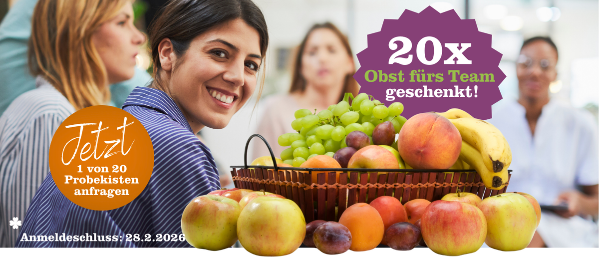 KI generiert: Eine Frau und Obstkorb, Text: "Jetzt 1 von 20 Probierkisten anfragen. Anmeldeschluss: 28.2.2026" und "20x Obst".