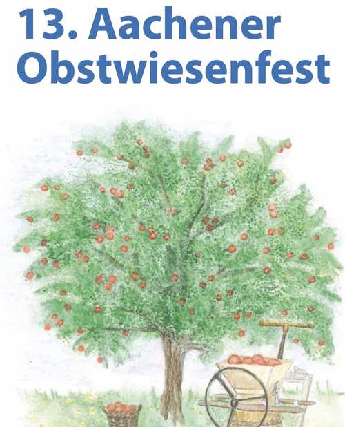 KI generiert: Ein Apfelbaum mit Erntekarren. Text: "13. Aachener Obstwiesenfest".