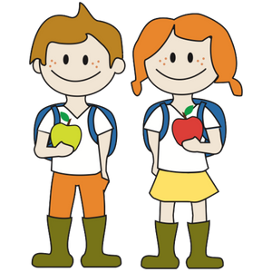 KI generiert: Zwei cartoonartige Kinder mit Rucksäcken und Äpfeln.