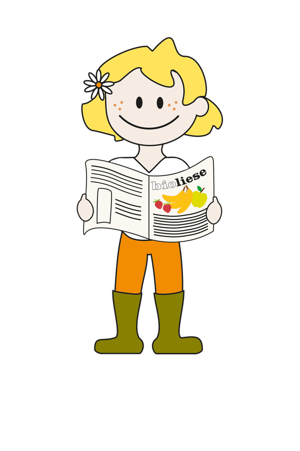 KI generiert: Ein fröhliches Cartoon-Mädchen mit Blume im Haar hält eine Zeitung mit der Aufschrift "bioliese" und Obstbildern.