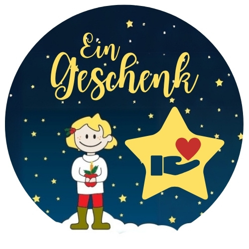 KI generiert: Ein Kind mit Geschenk, umgeben von Sternen; Text: "Ein Geschenk".