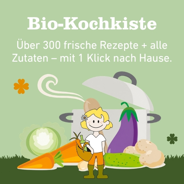 KI-generierte Beschreibung: Hauptinhalt: Werbung für Bio-Kochkiste mit Rezepten und Zutatenlieferung. Text: "Bio-Kochkiste Über 300 frische Rezepte + alle Zutaten – mit 1 Klick nach Hause."