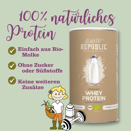 KI generiert: Werbung für 100% natürliches Whey Protein; Bio, zuckerfrei, keine Zusätze.