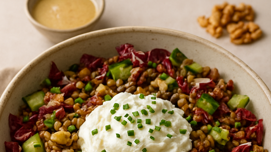 Rezeptbild für Linsensalat mit Radicchio, getrockneten Tomaten und Frischkäsehaube