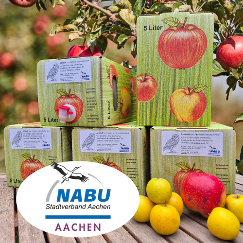 KI generiert: Kartons mit Apfeldesign unter Apfelbaum, NABU Aachen. Text: "Apfelsaft von Aachener Streuobstwiesen".