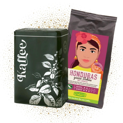 Produktfoto zu Geschenkset Heldenkaffee Honduras, ganze Bohne mit Kaffeedose zum Befüllen