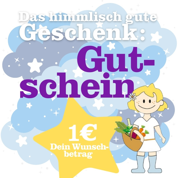 KI generiert: Illustration eines Geschenkgutscheins mit Sternen und Mädchen. Text: "Das himmlisch gute Geschenk: Gutschein".