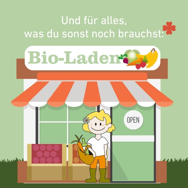 KI-generierte Beschreibung: Hauptinhalt: Bio-Laden mit freundlichem Verkäufer. Text: "Und für alles, was du sonst noch brauchst."