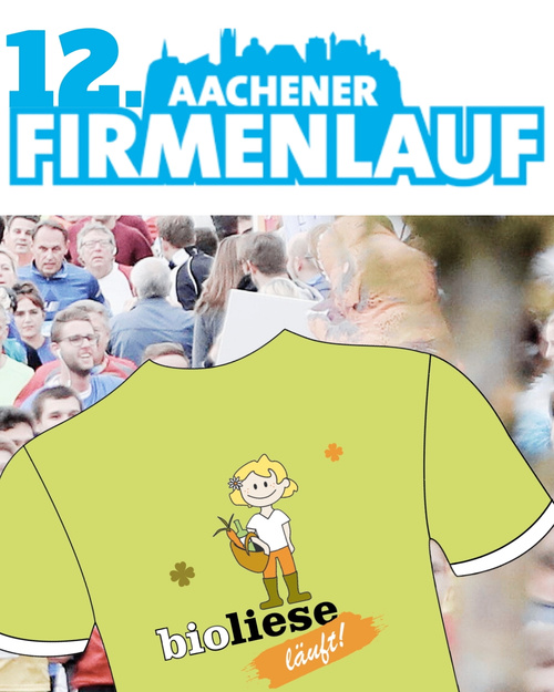 KI generiert: Ein Shirt mit "bioliese läuft!" und ein Banner mit "12. Aachener Firmenlauf".