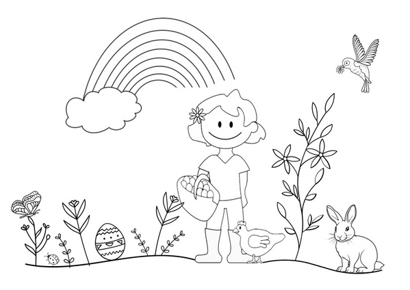 KI generiert: Ein Kind im Garten mit Huhn, Oster-Ei, Hase und Regenbogen. Spielszene in der Natur.