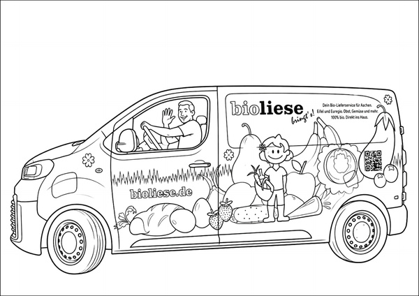 KI generiert: Ein Lieferwagen mit Fruchtillustrationen und Texten: "bioliese.de", "bioliese bringt's!" in Aachen, 100% bio.