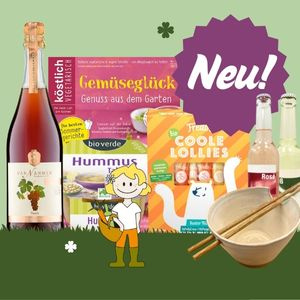 KI generiert: Das Bild zeigt eine Person, die einen blauen Korb mit verschiedenen Lebensmitteln trägt. Im Korb befinden sich verpackte Produkte wie Kaffee, Marmelade und Konserven.