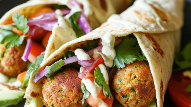 Rezeptbild für Bunte Wraps mit Quinoa-Talern & Sesamsoße