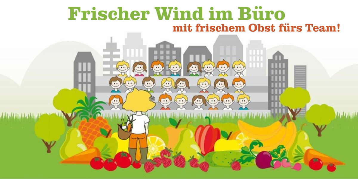KI generiert: Eine Person verteilt Obst an ein Team im Büro. Text: "Frischer Wind im Büro mit frischem Obst fürs Team!"