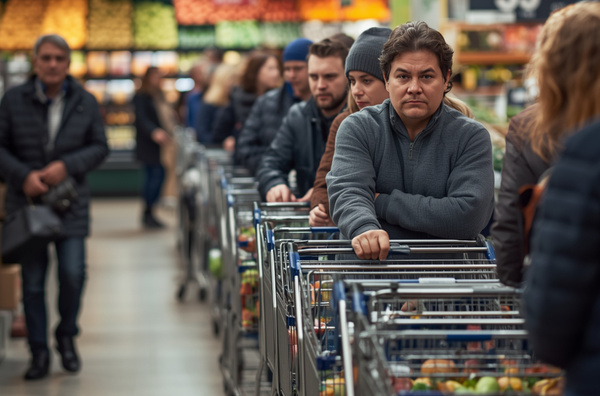 KI generiert: Menschen stehen mit Einkaufswagen in einer langen Schlange im Supermarkt.