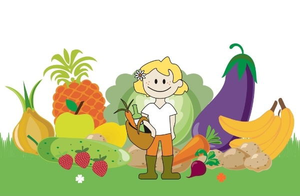 KI generiert: Ein Cartoon-Kind mit Obst und Gemüse im Hintergrund.