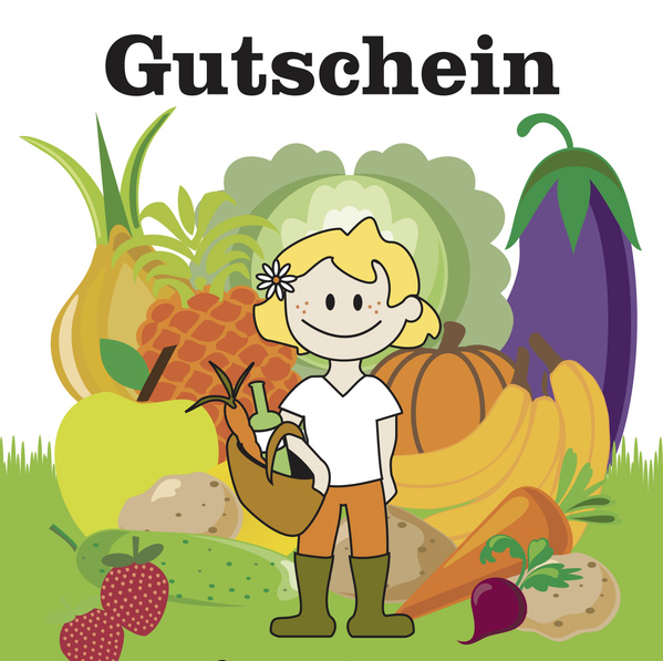 KI generiert: Ein Kind mit einem Korb steht vor Obst und Gemüse. Text: "Gutschein".
