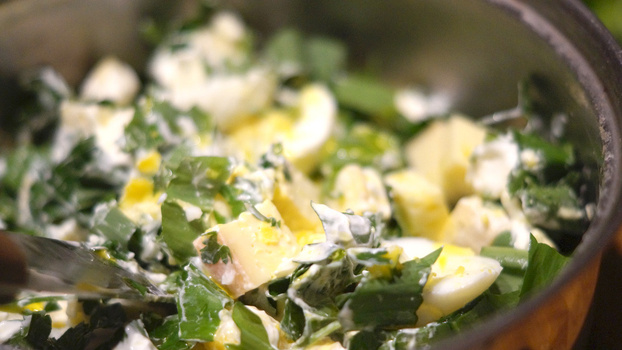 Rezeptbild für Bärlauch-Käse Salat mit Roggenbrot