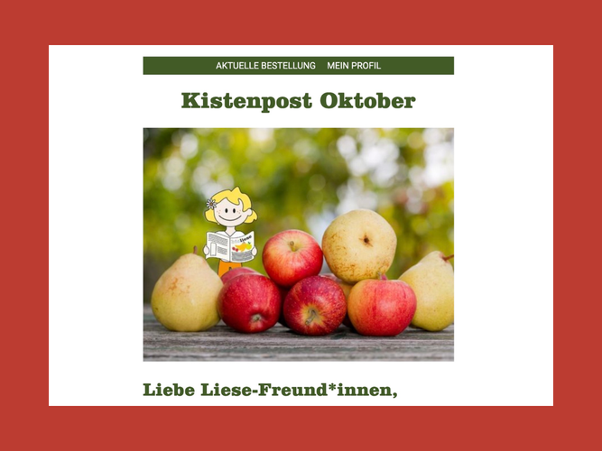 KI generiert: Bild mit Äpfeln und Birnen, Text: „Kistenpost Oktober, Liebe Liese-Freund*innen“.