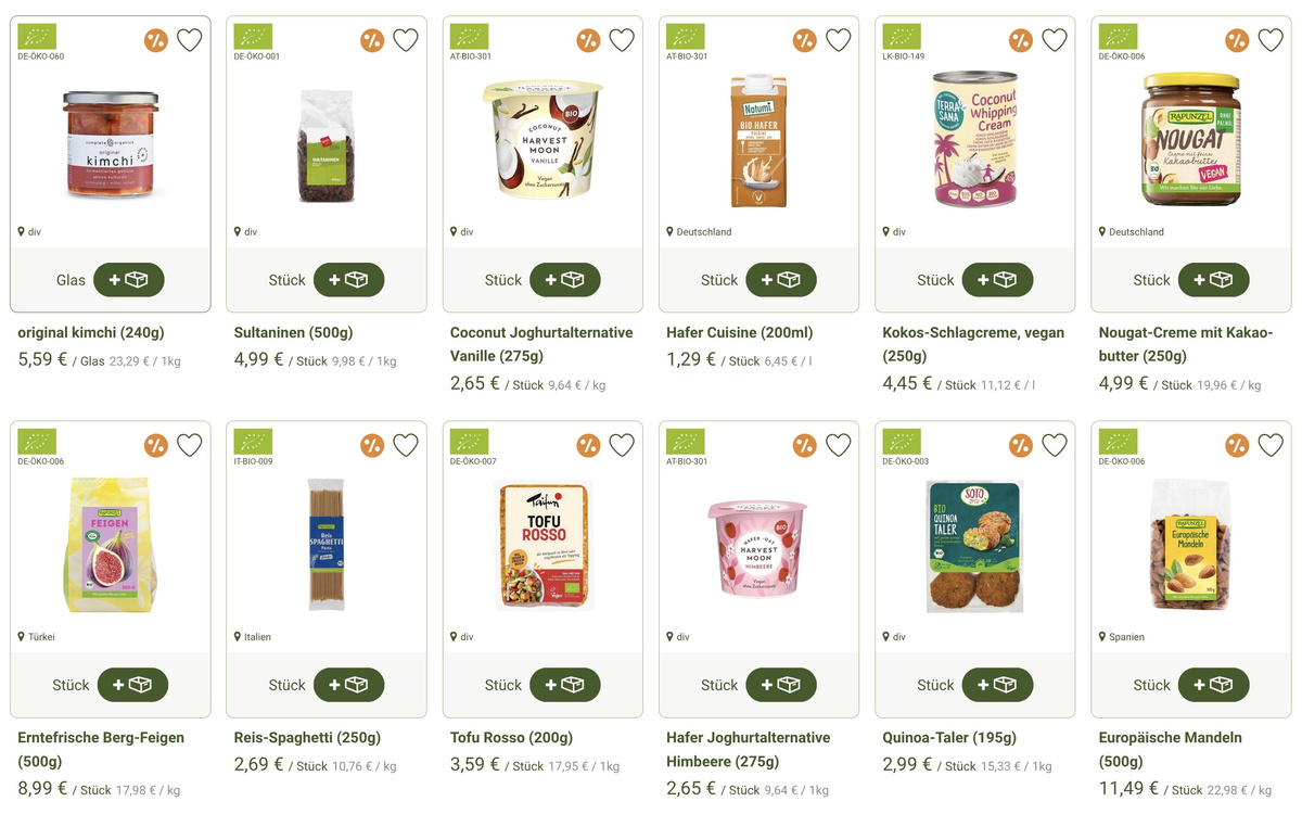 KI generiert: Online-Shop zeigt verschiedene Bio-Lebensmittel mit Preisen und Herkunftsländern.