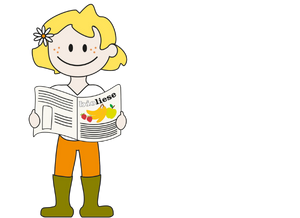 KI generiert: Eine gezeichnete Figur mit Blume liest Zeitung. Text: "kolumne".