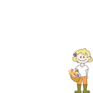 KI generiert: Eine Zeichnung eines lächelnden Kindes mit Blumen in einem Korb und grünen Gummistiefeln.