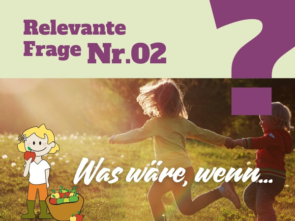 KI generiert: Zwei Kinder spielen im Sonnenlicht. Text: "Relevante Frage Nr. 02 Was wäre, wenn...".