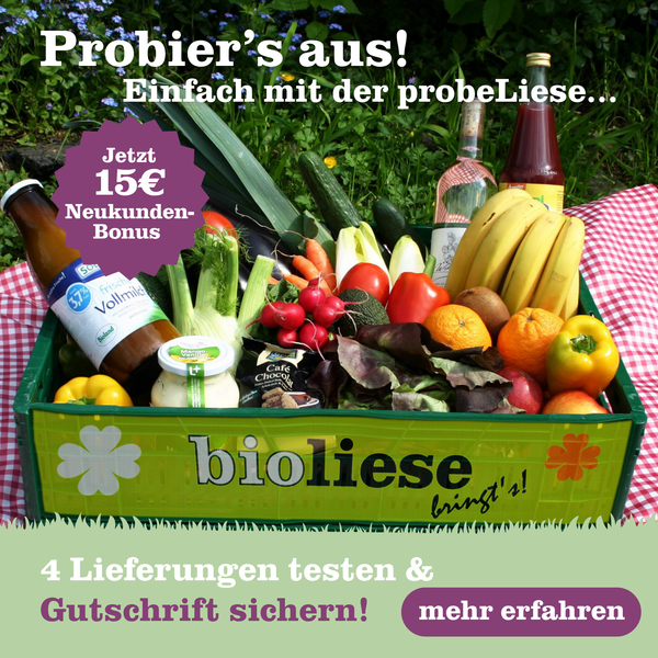 KI generiert: Eine Kiste voller frischer Lebensmittel, auf der "bioliese" steht. Text: "Probier’s aus! Einfach mit der probeLiese... Jetzt 15€ Neukunden-Bonus 4 Lieferungen testen & Gutschrift sichern! mehr erfahren".