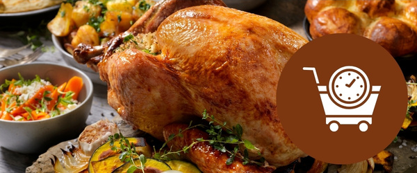 KI generiert: Ein gebratener Truthahn mit Beilagen und einem Uhr-Symbol in einem Einkaufswagen-Icon.