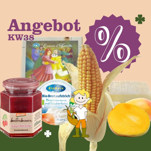 KI generiert: Angebot mit diversen Lebensmitteln wie Saft, Brotaufstrich und Mais. Text: "Angebot KW38".