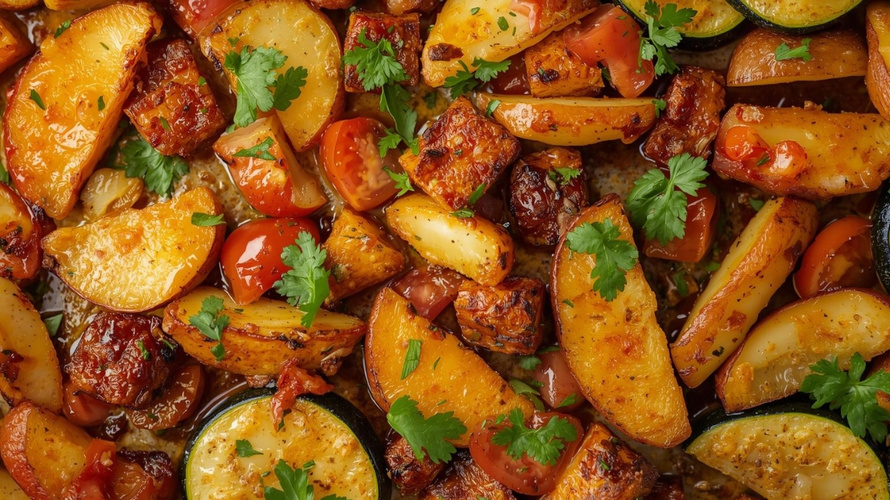 Rezeptbild für Orientalische Kartoffelspalten aus dem Ofen mit Zucchini
