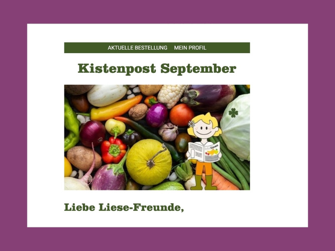 KI generiert: Ein Bild zeigt eine Obst- und Gemüseauswahl mit dem Text "Kistenpost September".