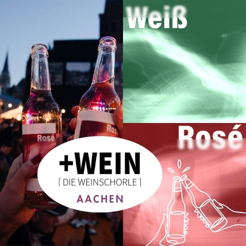 KI generiert: Zwei Personen stoßen mit Rosé-Flaschen an, mit dem Text "+WEIN [DIE WEINSCHORLE] AACHEN".