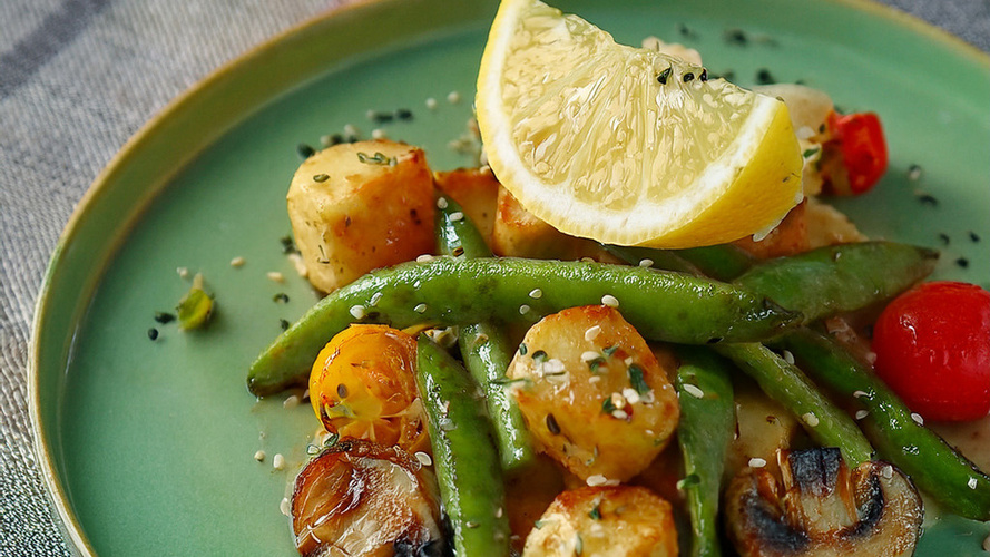 Rezeptbild für Bohnen-Pilz-Pfanne mit Zitronencreme