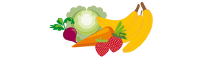KI generiert: Eine Illustration von Obst und Gemüse: Bananen, Erdbeeren, Radieschen, Karotte und Salat.