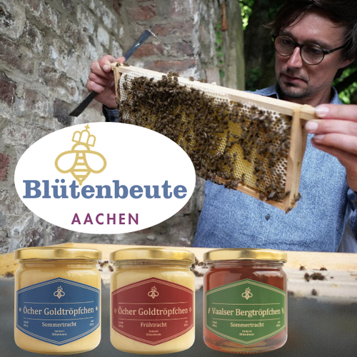 KI generiert: Imker inspiziert Bienenwabe; Honiggläser mit Etiketten "Blütenbeute Aachen", "Öcher Goldtröpfchen".